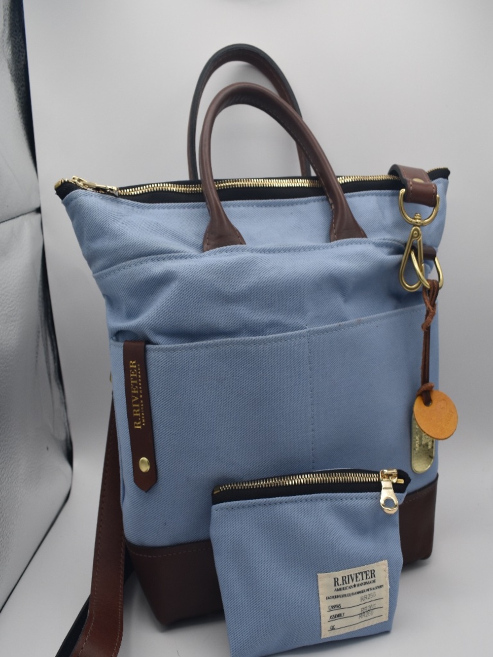 R. Riveter Light Blue Canvas and Brown Leather Otto Tote with Small Zipper Pouch